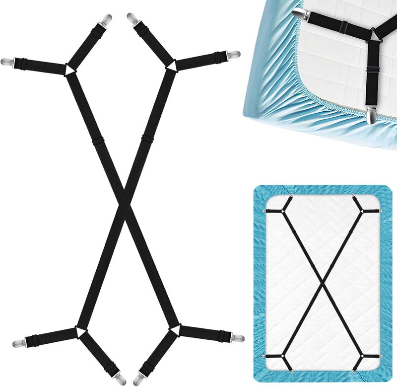 Eiruseed Bed Sheet Holder Straps, 2 Pcs Adjustable Mattress Sheet Clips, Bed Sheet Fasteners Elastic Sheet Suspenders to Keep Bed Sheet in Place for Different Beds (X-Black) - Image 1